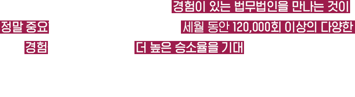 다양하고 수 많은 사건들을 해결 한 경험이 있는 법무법인을 만나는 것이 정말 중요합니다. 이현은 10년이 넘는 세월 동안 150,000회 이상의 다양한 경험을 가지고 있기에, 더 높은 승소율을 기대해볼 수 있습니다. 2021-11-24 상담 데이터 기준